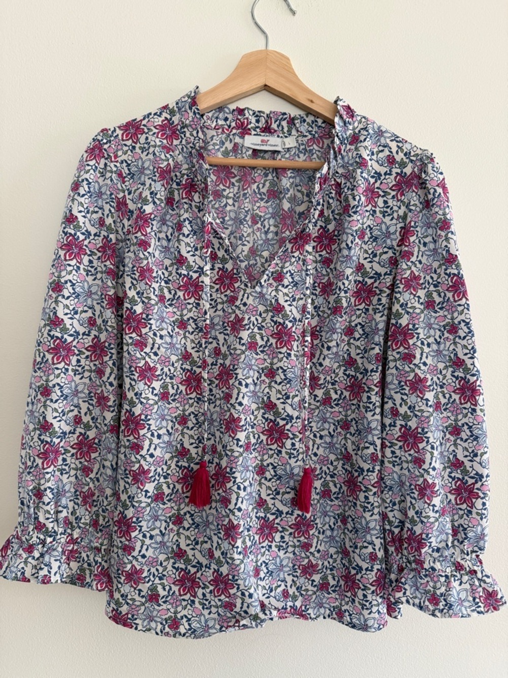 Vineyard Vines Floral Tassel Peasant Blouse in Pink & Blue